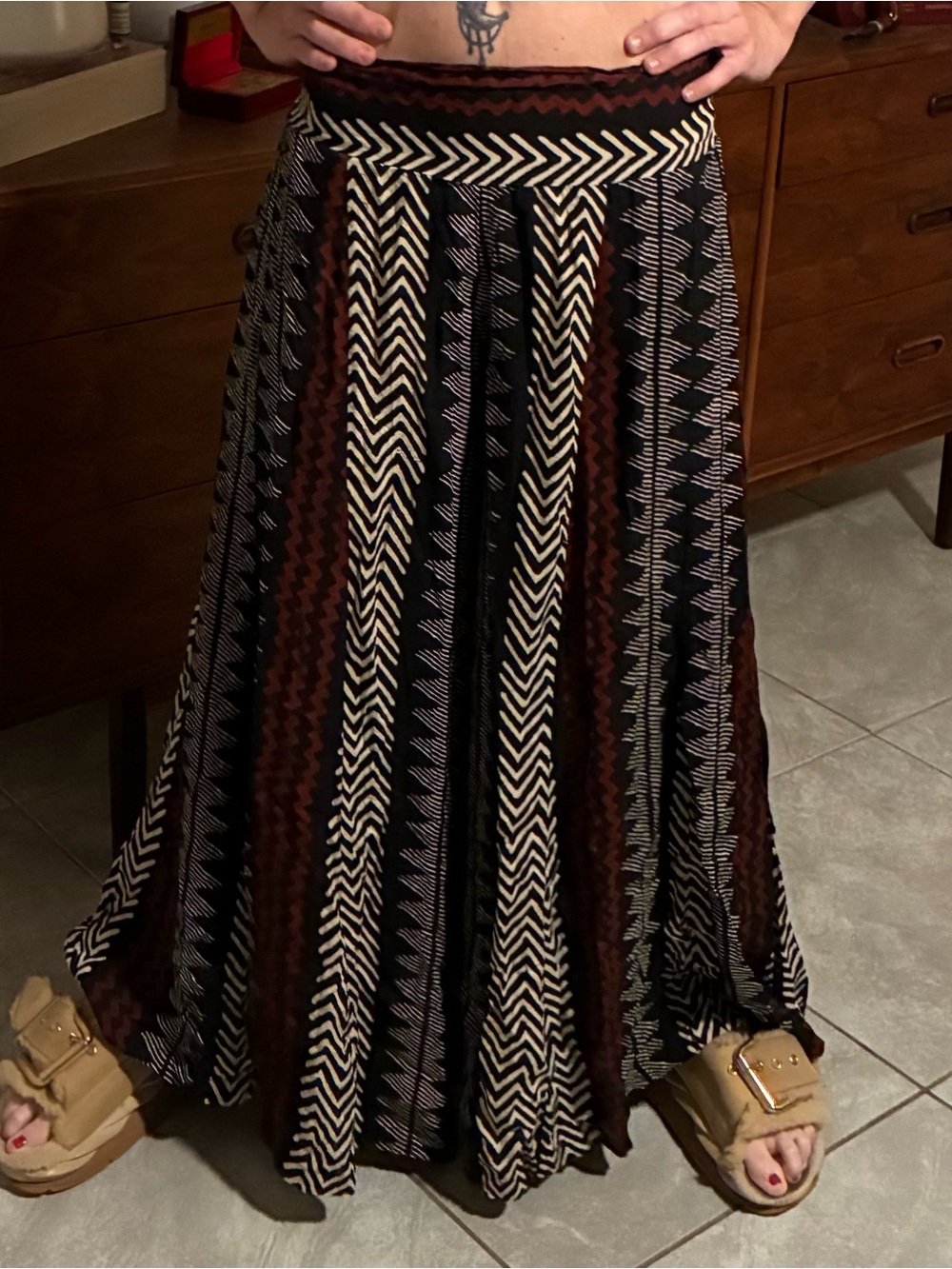 Chevron Panel Wide Leg Flow Pants in Black, Cream & Brown